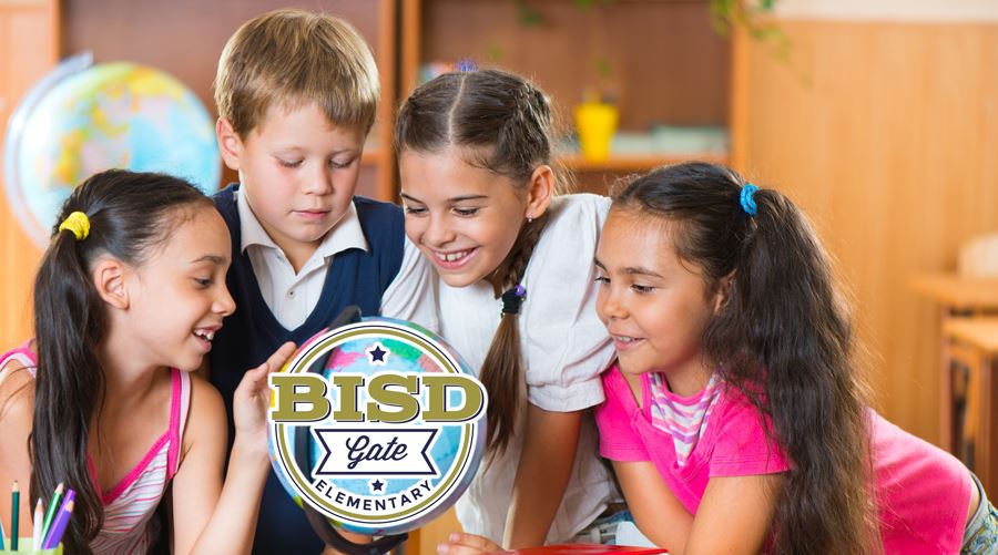 student viewing globe with BISD GATE logo