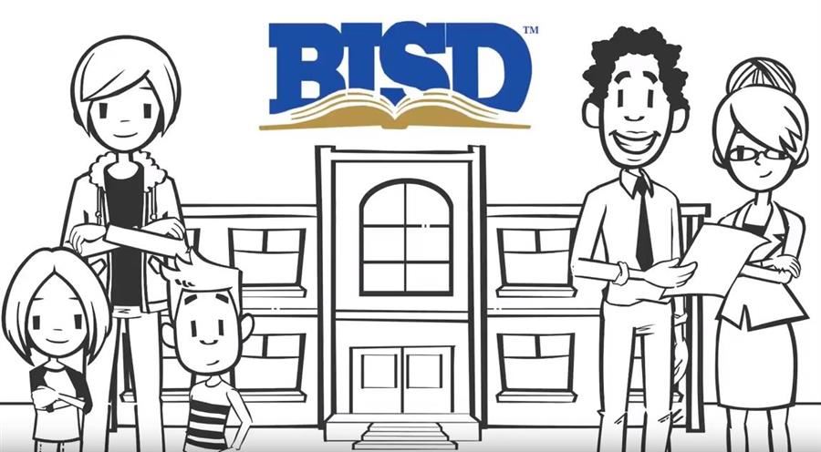people in front of building with Birdville ISD logo 
