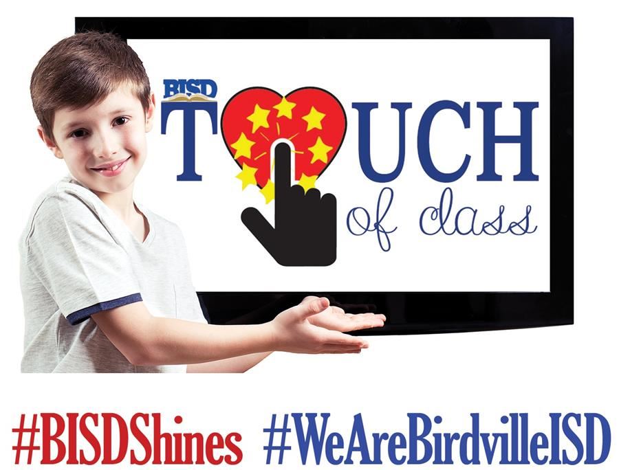 Touch of Class logo with boy and screen | #BISDShines | #WeAreBirdvilleISD