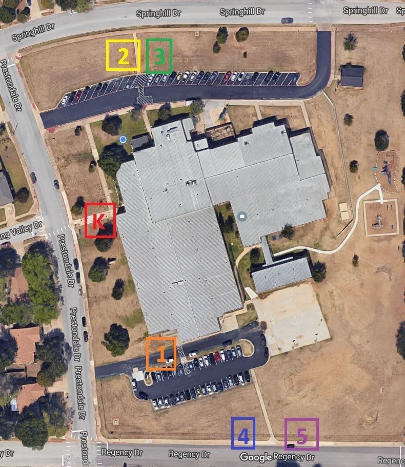 Image shows locations for grade level pick up.