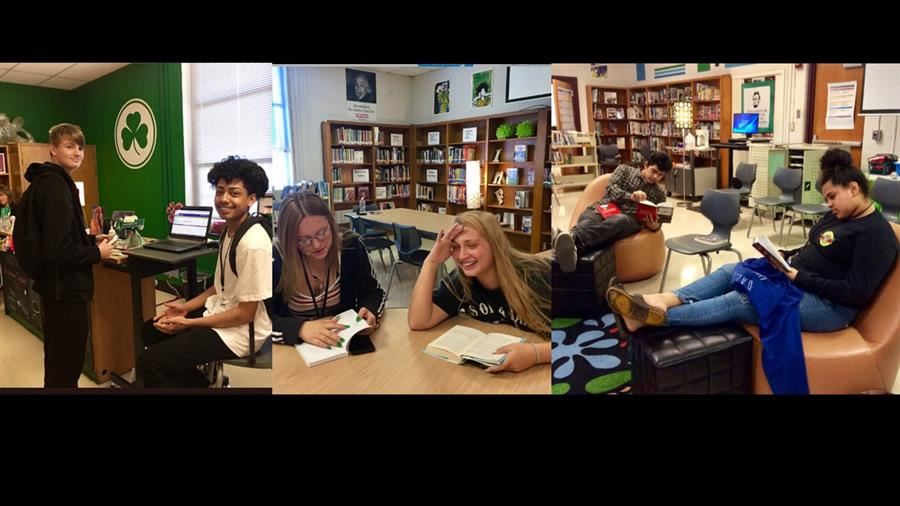 Students in a library.