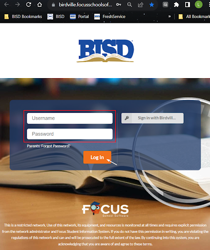 log in screen