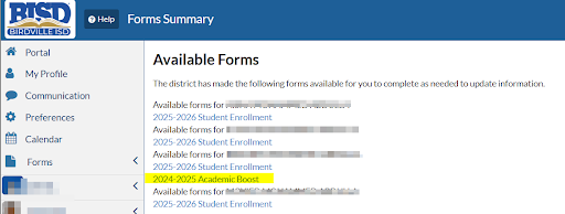 Screen shot of selecting 2024-25 Academic Boost Form