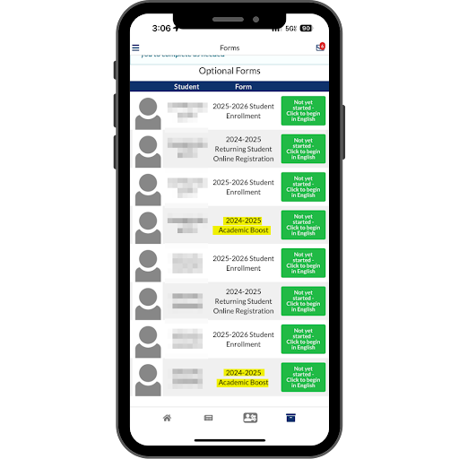 mobile view of selecting 2024-2025 Academic Boost Form